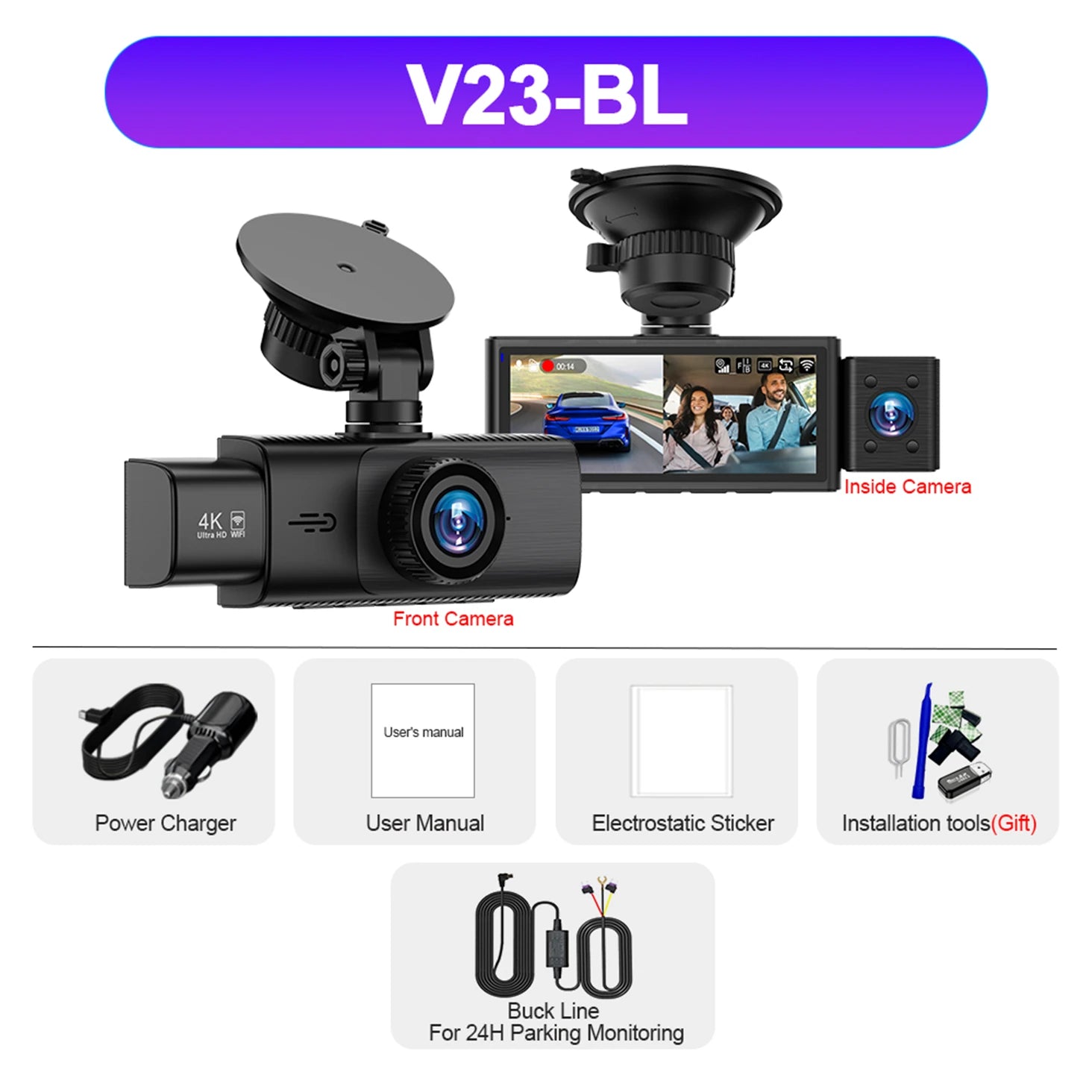 3-Channel 4K Dash Cam with WiFi, GPS & Night Vision