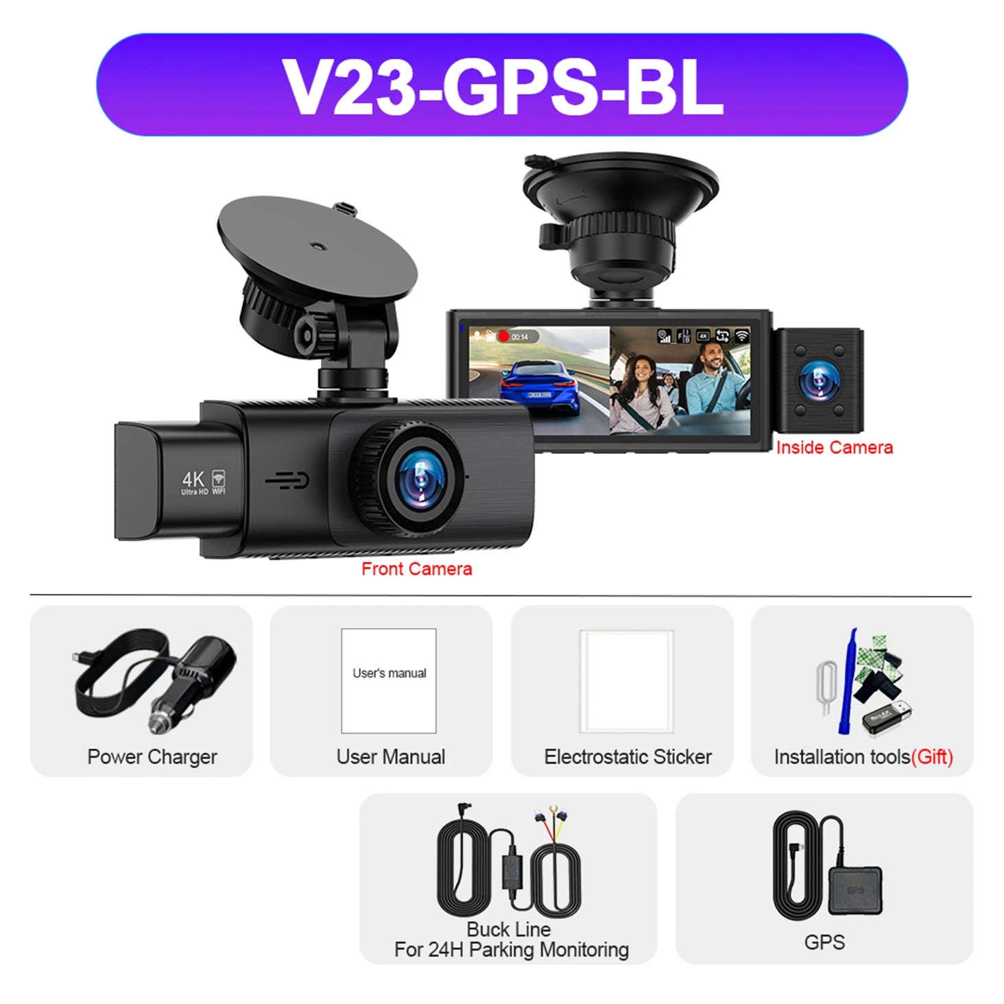 3-Channel 4K Dash Cam with WiFi, GPS & Night Vision