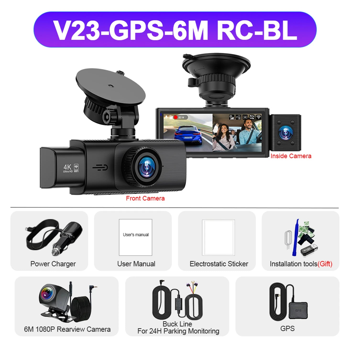 3-Channel 4K Dash Cam with WiFi, GPS & Night Vision