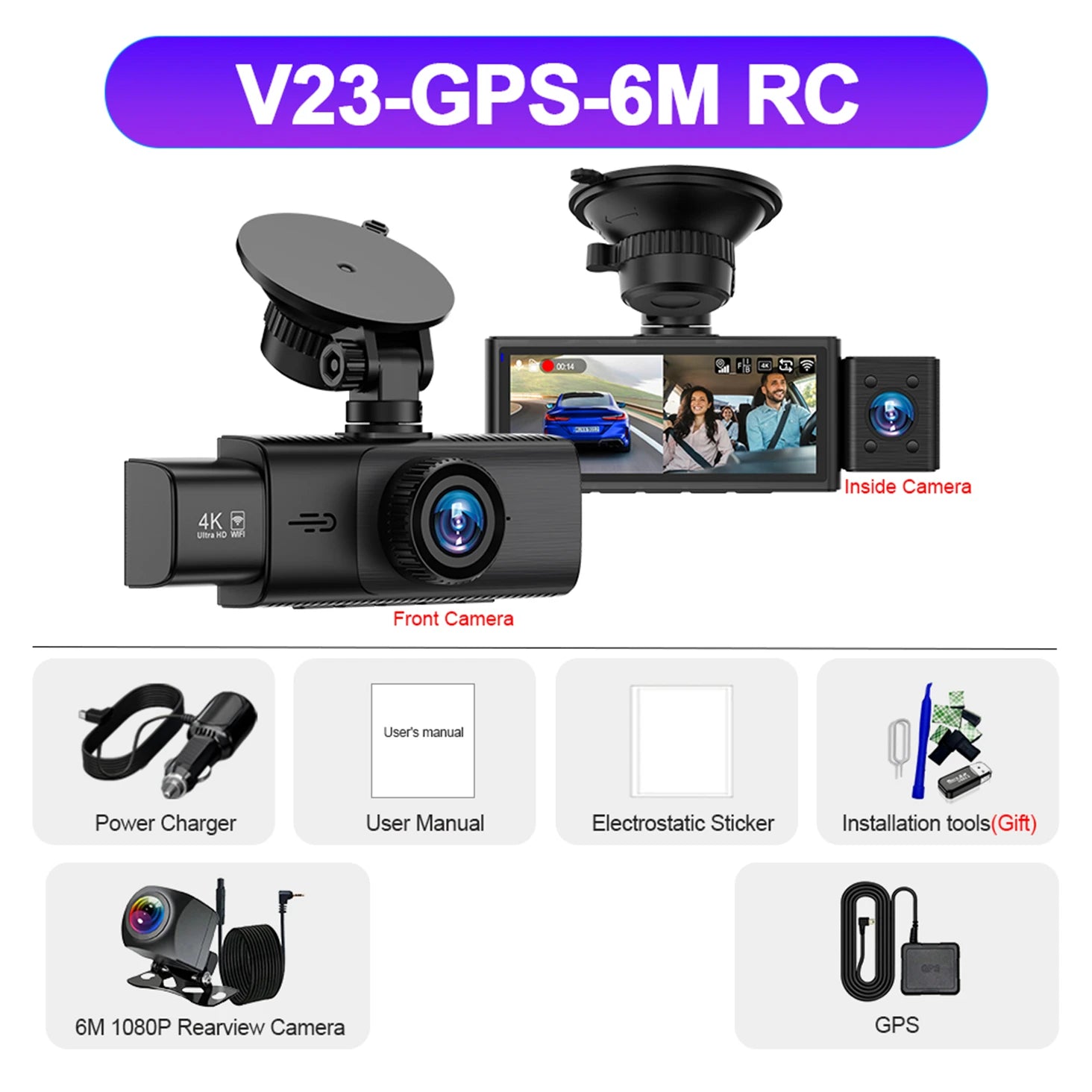 3-Channel 4K Dash Cam with WiFi, GPS & Night Vision
