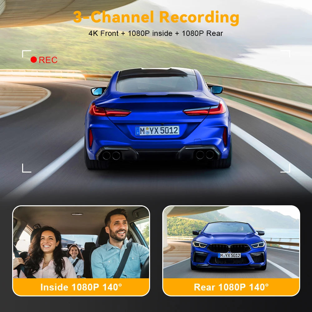 3-Channel 4K Dash Cam with WiFi, GPS & Night Vision