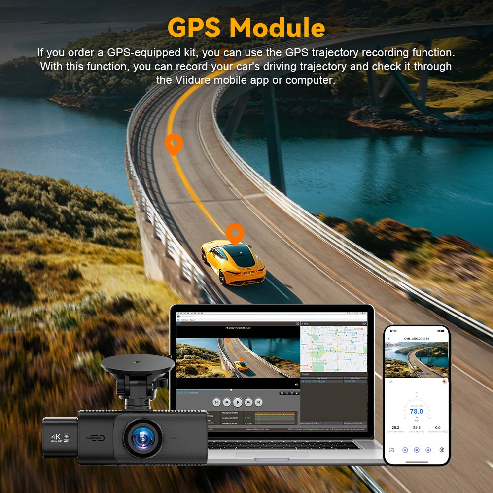 3-Channel 4K Dash Cam with WiFi, GPS & Night Vision