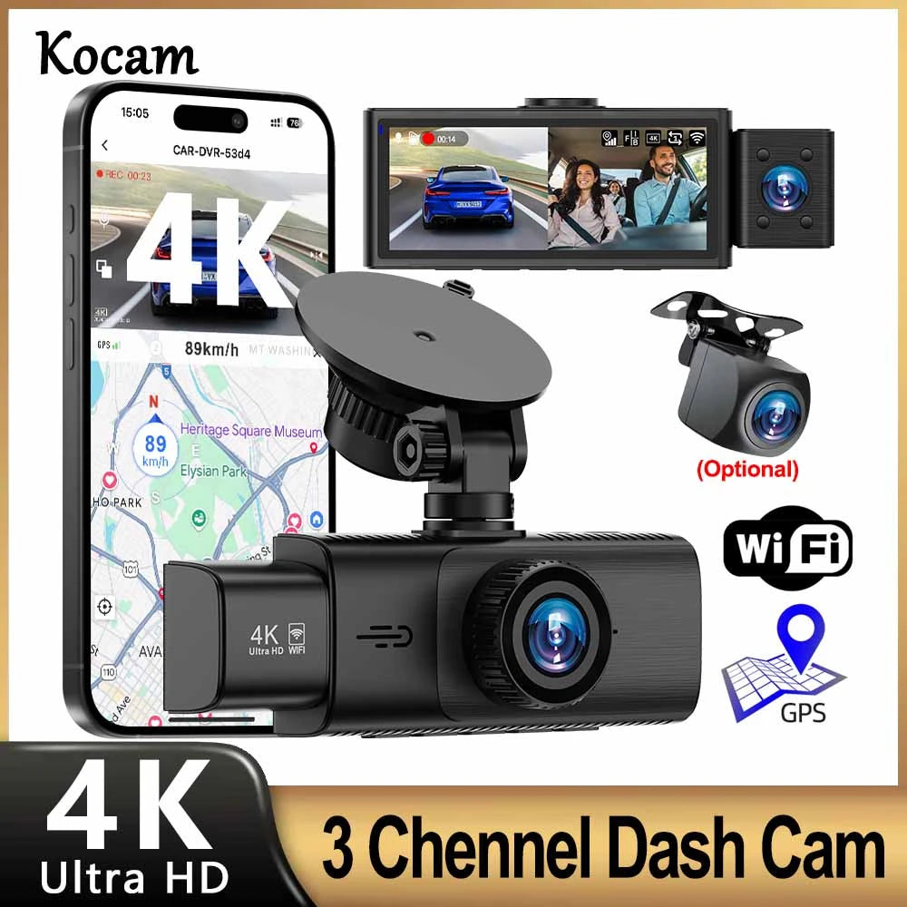3-Channel 4K Dash Cam with WiFi, GPS & Night Vision