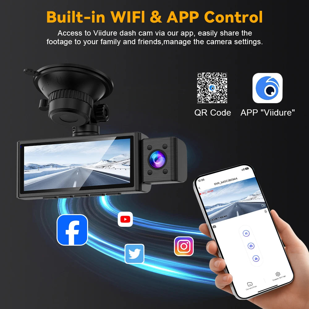 3-Channel 4K Dash Cam with WiFi, GPS & Night Vision